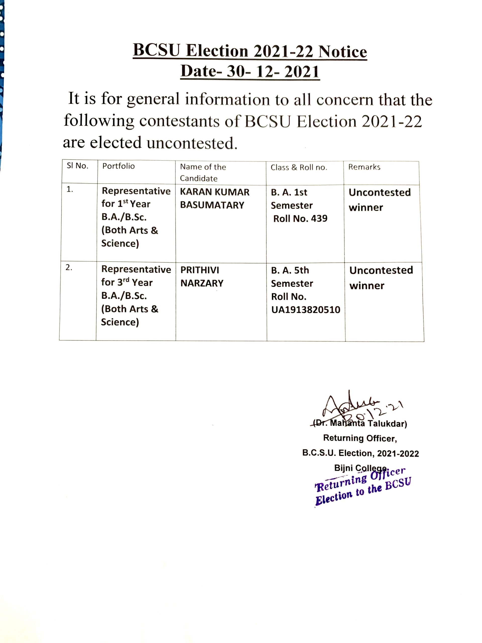 Uncontested Winners LIST OF UNCONTESTED WINNERS (BCSU ELECTION 2021-22) – Bijni College