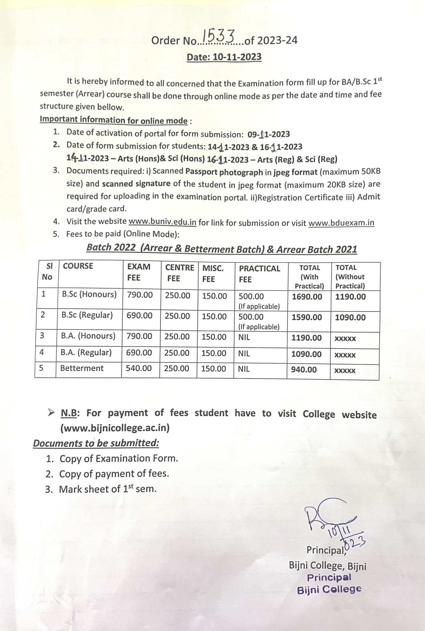 Form fill notice for U.G 1st sem (Arrear Batch 2021, 2022) under ...
